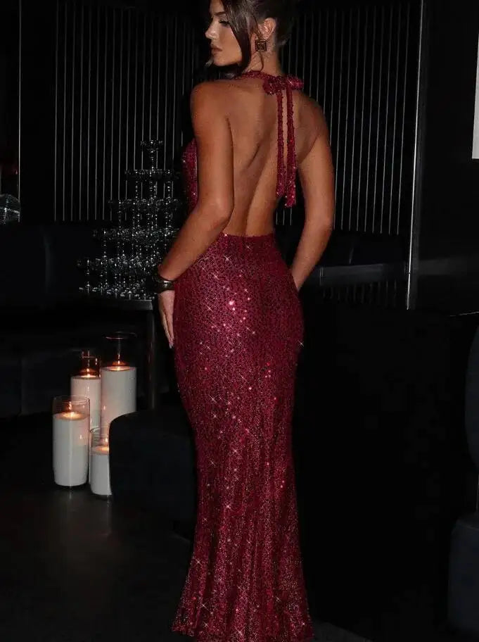 Giyu Sexy Glitter Sparkle Sequined Club Evening Party Dresses Women 2025 Summer Autumn Halter Backless Bodycon Maxi Long Dress