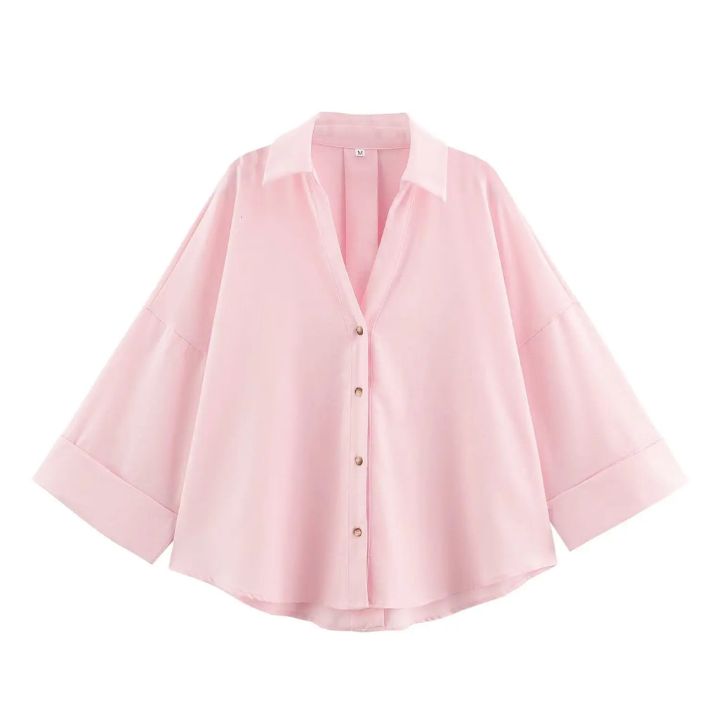 Women Fall Casual Loose Shirt Lapel Buttons Wide Sleeve Shirt 2025 New Spring Autumn Minimalist Holiday Versatile Shirt