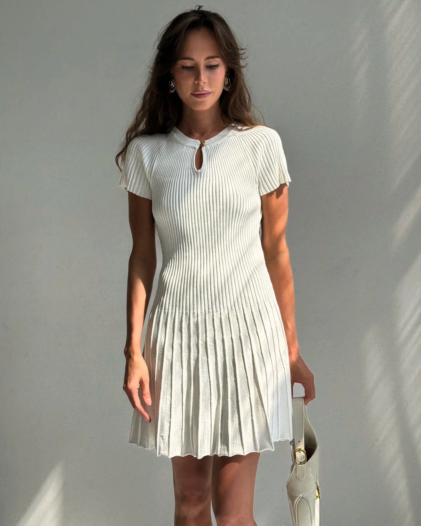 Ribbed Knitting A-line Short Dress Chic Elegant Slim Summer Dress 2025 Short Sleeve Round Neck Fashion New Dresses Vestidos