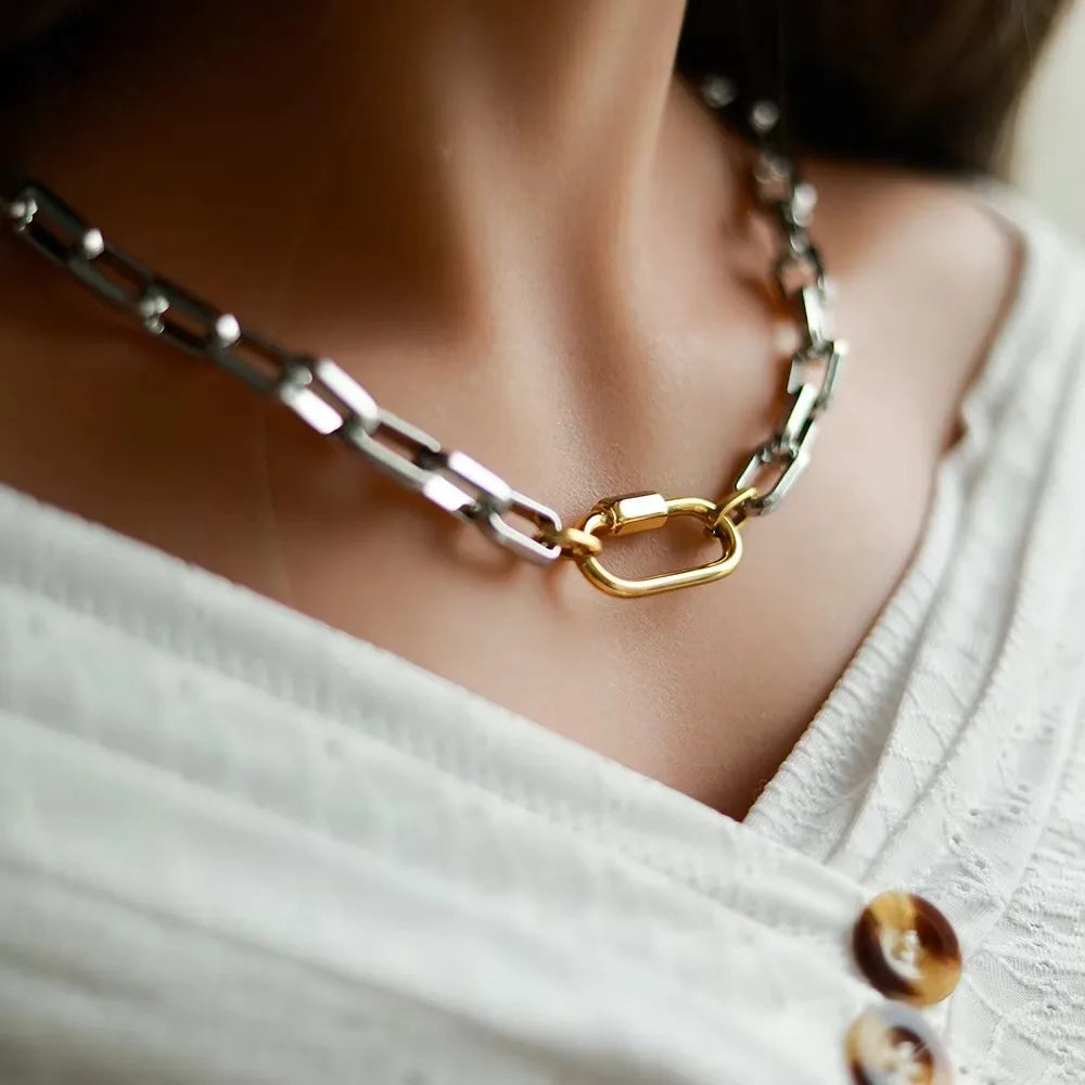 2025 Luxury Gold-Plated Chunky Chain Necklace | Stainless Steel Carabiner Design with Zircon Charms