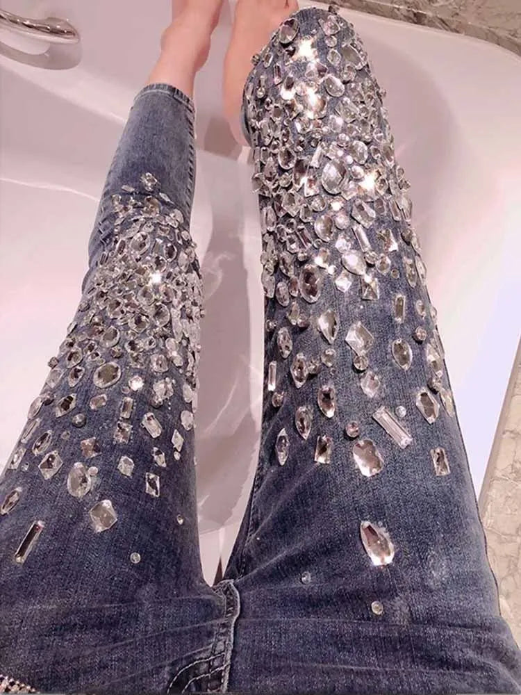 Fashion Rhinestone Jeans Women 2024 Spring Autumn New High Waist Pants Sexy Slimming Stretch Slim Fit Tapered Pants Female