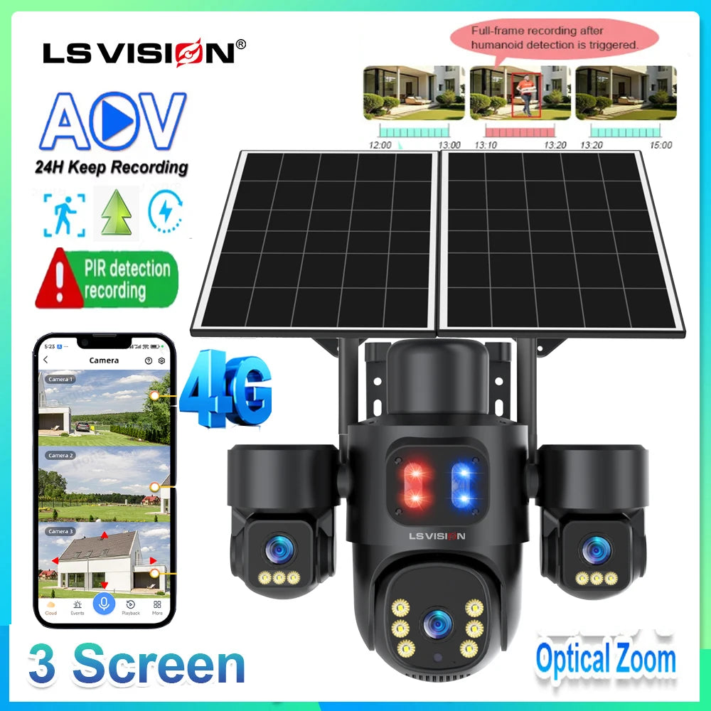 LS VISION AOV/PIR 3-Screens Solar Camera Optical Zoom Outdoor