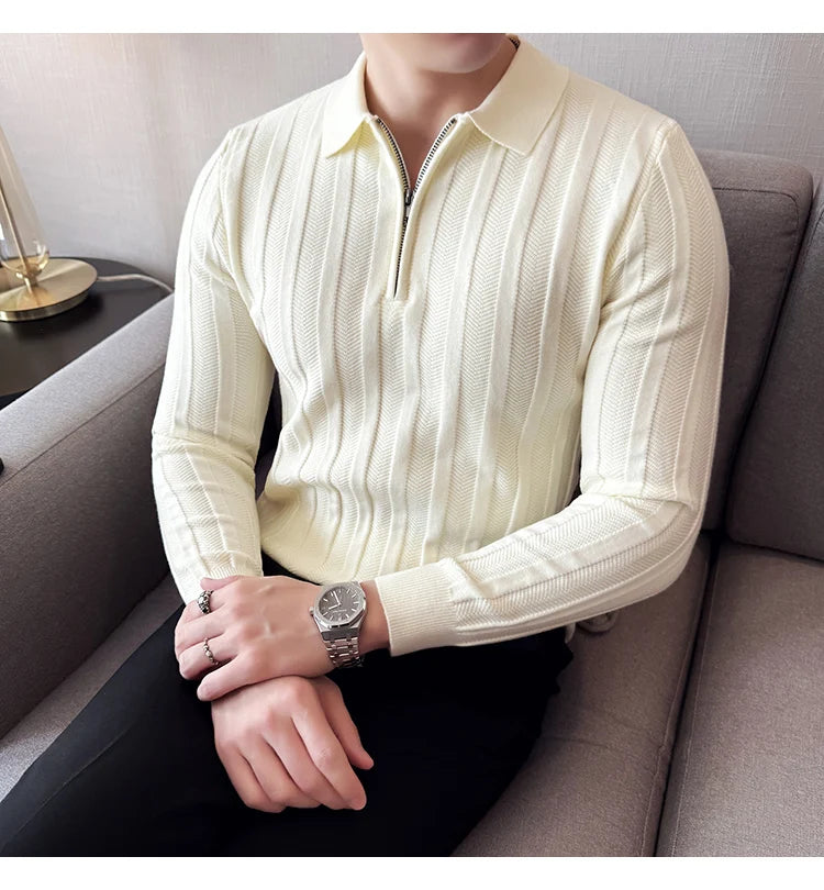 Men's Zip-Front Knit Sweater - White Polo Collar (Black/Burgundy/Cream) M-4XL Soft Touch Autumn Winter Casual Style