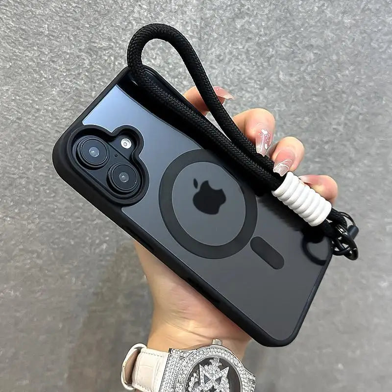 Luxury With Lanyard Clear For Magsafe Phone Case For iPhone 14 11 12 13 15 16 17Pro Max Shockproof Armour Wrist Strap Back Cover