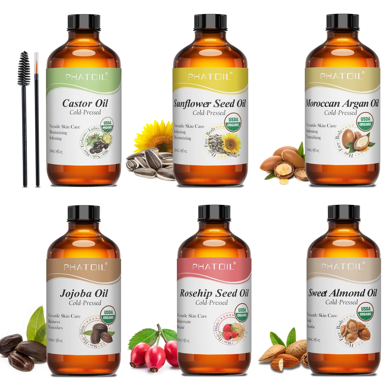 PHATOIL 118ml Organic Face Oil Natural Cold Pressed USDA Carrier Oils- Castor Oil,Jojoba,Moroccan Argan Oil,Rosehip Seed Oil