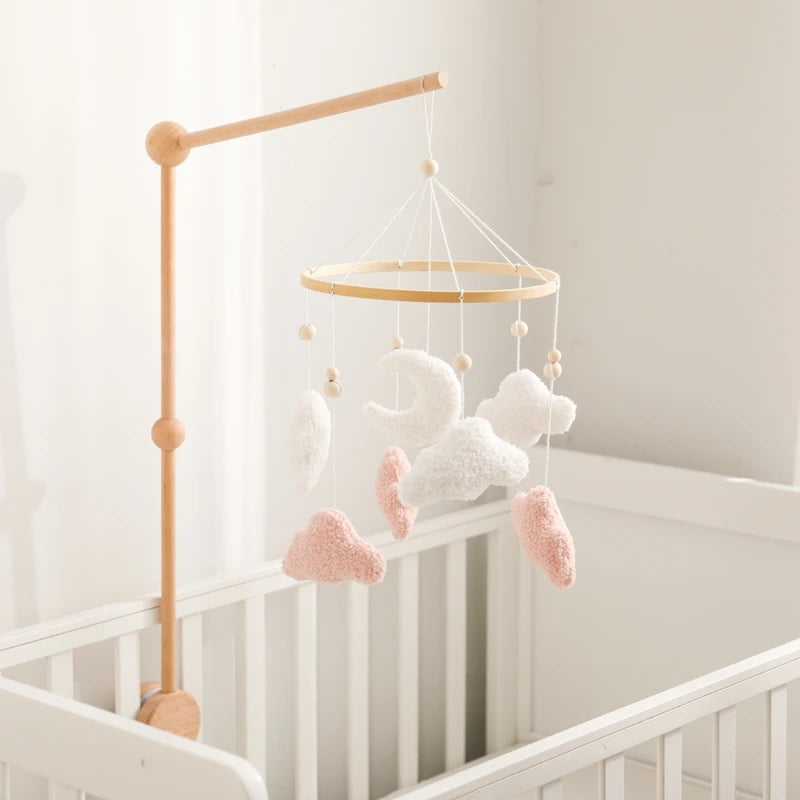 Wooden Crib Mobile Baby Bed Bell Rattle Toy Soft Felt Cartoon Bear Mobile bracket Newborn Music Box Bed Bell Hanging Bracket Toy