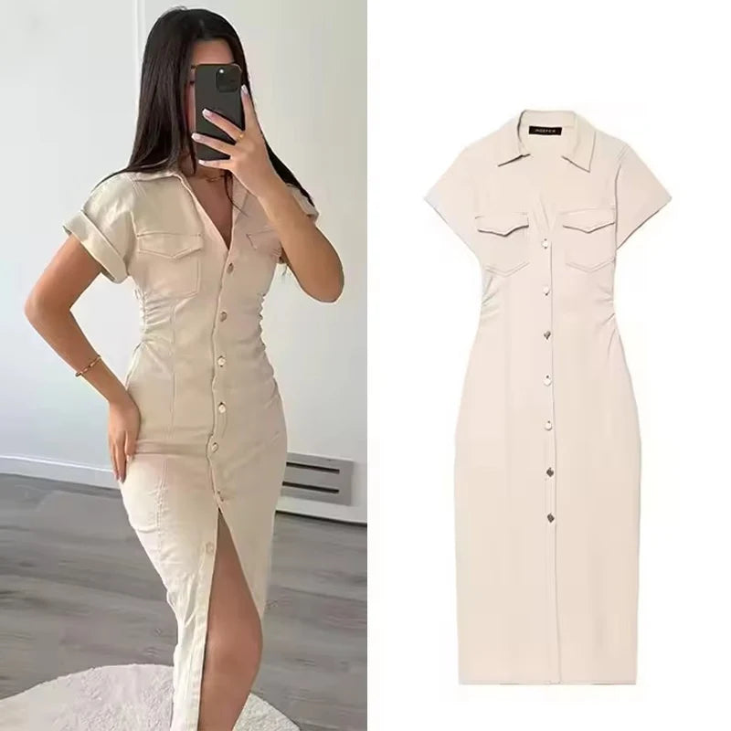 Denim Dress Women's Spring Summer Casual Long Dresses For Women 2026 New Fashion Ruched Short Sleeve Streetwear Midi Dress