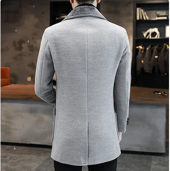 2025 Winter Men Plush Jacket Turn Down Collar Pocket Male Coat Single-breasted Long Sleeve Mid Length Business Man OverCoat