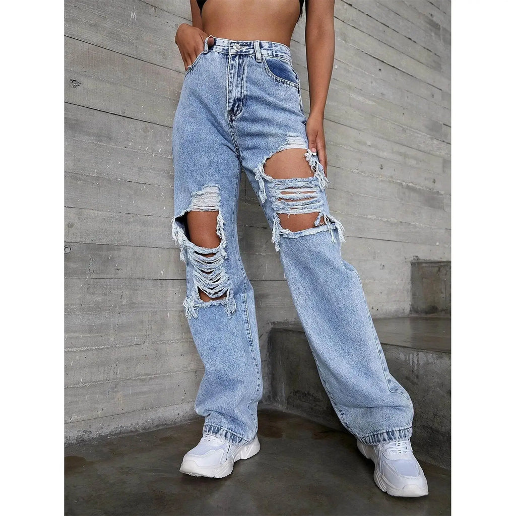 Women’s High-Waist Ripped Jeans – Mid-Stretch Trendy Denim