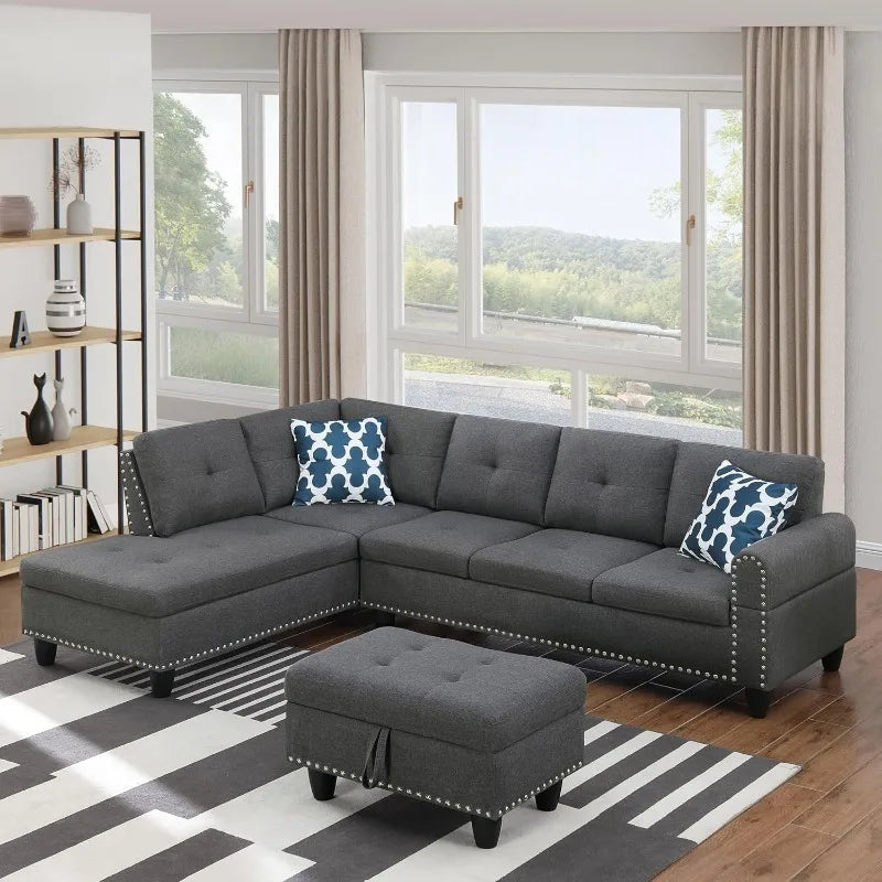 4 Seat Linen Upholstered Sectional Sofa Set 3 PCS W/Cup Holders & Coffee Table,for Home,Office,Dark Gray