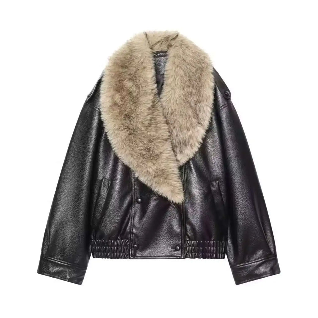 TFMLN 2025 Winter Women Loose Faux Leather Jacket Fashion Removed Big Fur Collar Causal Coat High Street Double Breasted Outwear