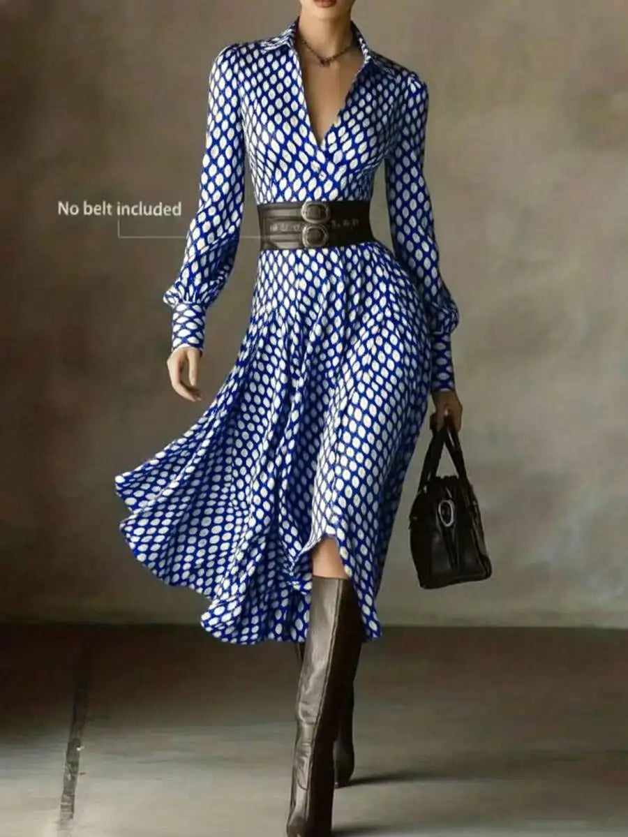 Women's V-Neck Long Sleeve Geometric Print Midi Dress, Elegant Casual Style