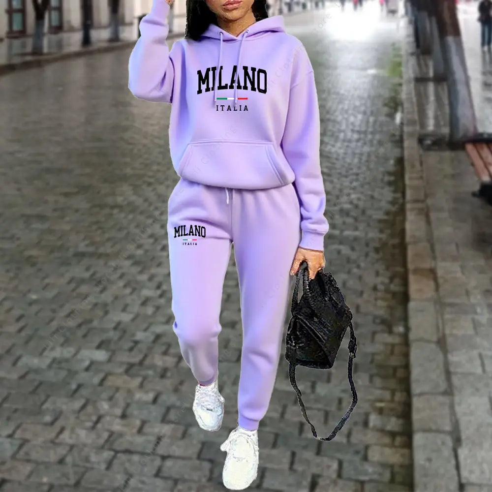 Women’s “MILANO” Letter Print Tracksuit – 2-Piece Hoodie & Pants Set, Casual Sportswear Outfit (Autumn/Winter 2025)