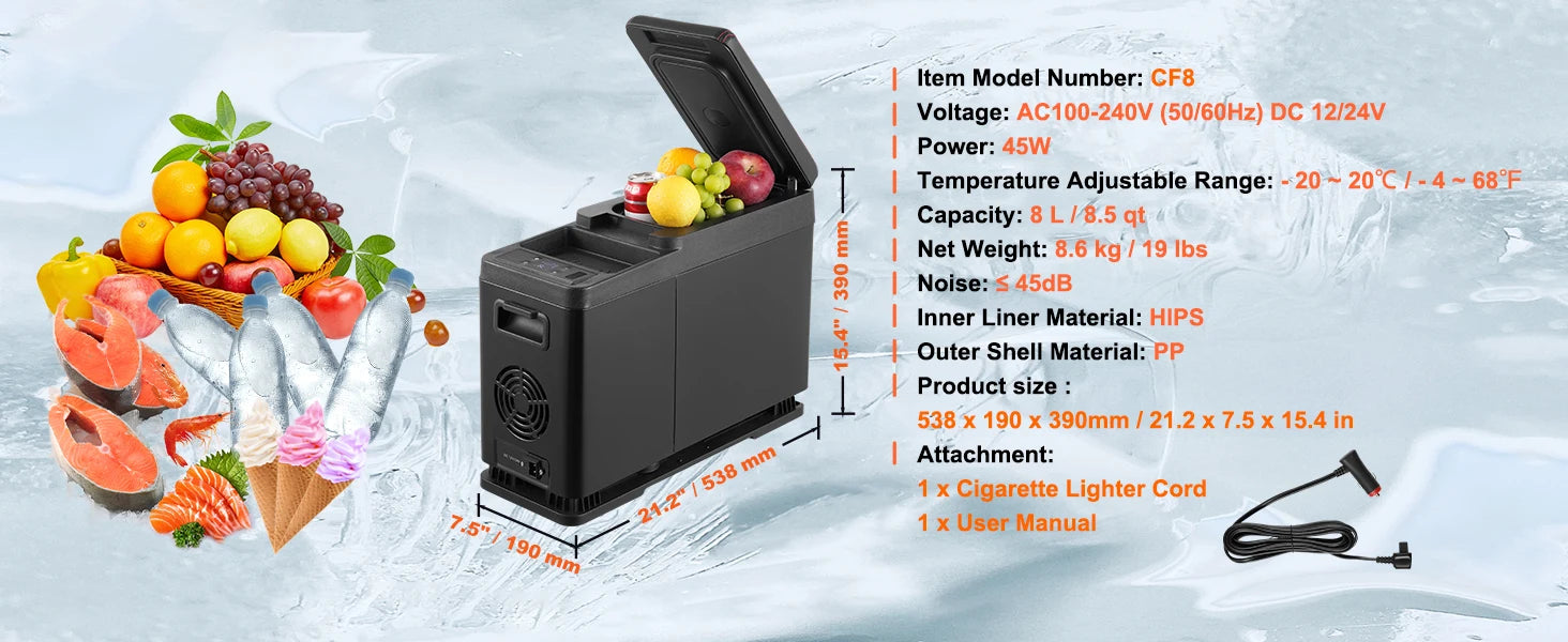 SucceBuy 8L Car RefrigeratorCar Armrest Refrigerator Fridge 8L Single Zone Freezer -4℉-68℉ Adjustable Range 12/24V DC and Cooler