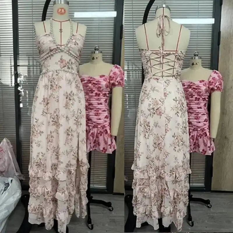 Giyu Sexy Pearl Evening Club Party Dresses Women Summer Dress Elegant Spaghetti Strap Backless Lace Up Maxi Long Ruffles Robe