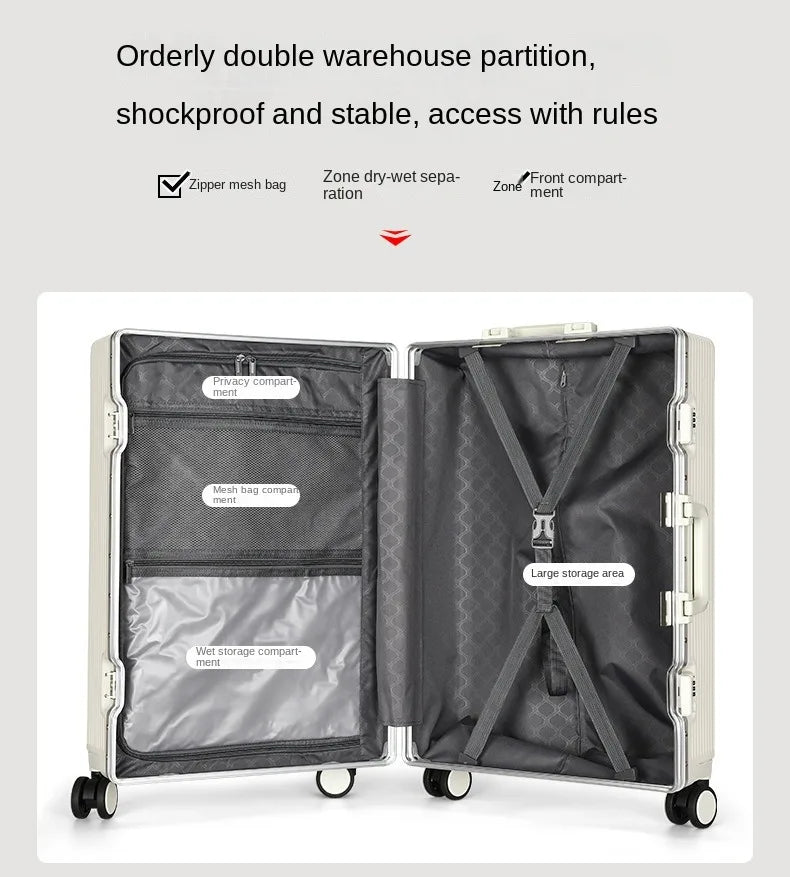 Suitcase Front Opening Pocket Aluminum Alloy Frame Rolling Luggage with USB Charging Plug Trolley Carry-on Case Bag with Wheel