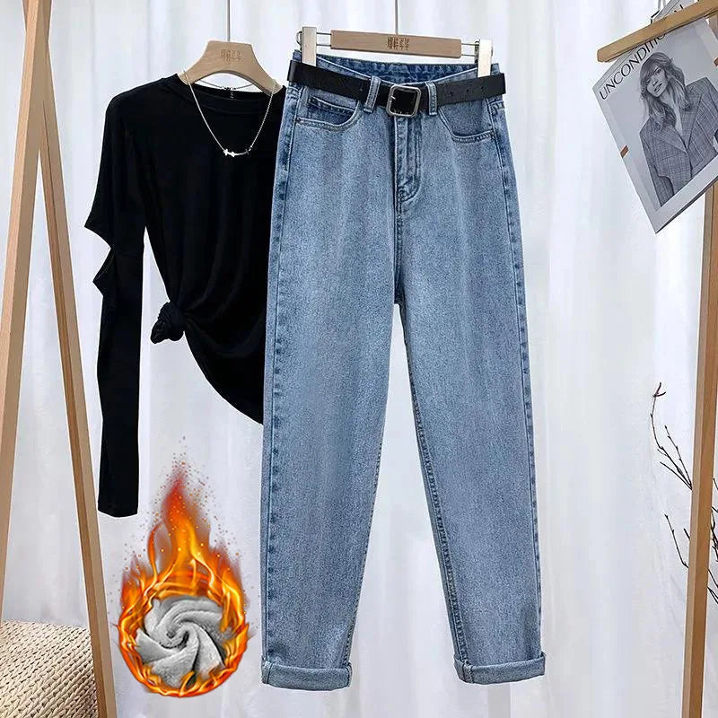 Women's Fce Lined High Waist Straight Leg Jeans Thiened Warm Nine Point Harlan Dad Pants Slimming Tapered Cuffed Ankle