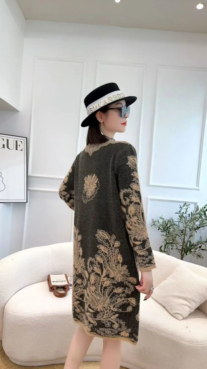 Autumn Winter Women Vintage Ethnic Style Flower Pockets Knitted Dresses Ladies Half High Collar Long Sleeve Loose Sweater Dress
