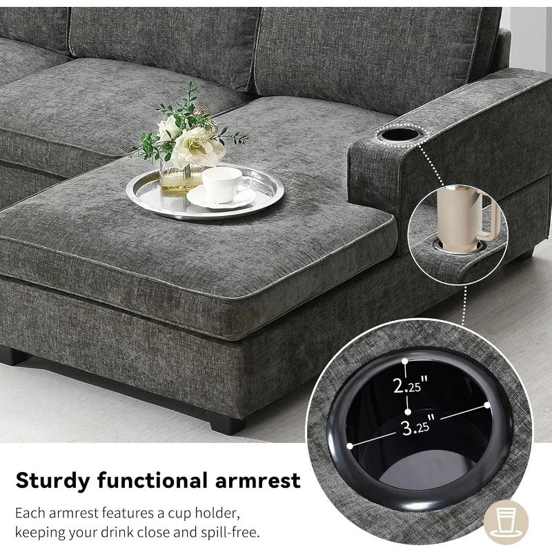 Modern U-Shaped Cloud Couch Set with Oversized Chaise Lounge, with Cup Holders for Living Room Dark Gray