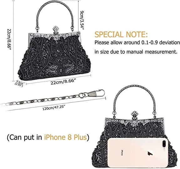 Lost in Vintage Clutch Handbag Beaded and Sequin Kiss-lock Closurer Shoulder Bag Crossbody Detachable ChainProm Evening Party