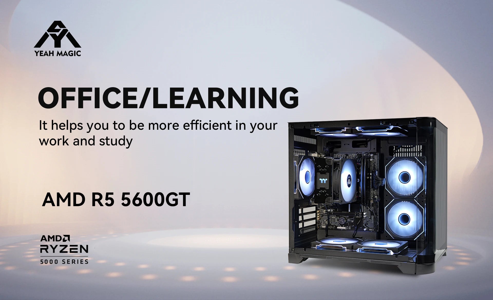 YEAH MAGIC Gaming Desktop — Ryzen 5 5600GT, Radeon Graphics, 16GB DDR4 3200MHz, 1TB NVMe SSD, 7×ARGB Fans, Wi-Fi 6, Windows 11 Home