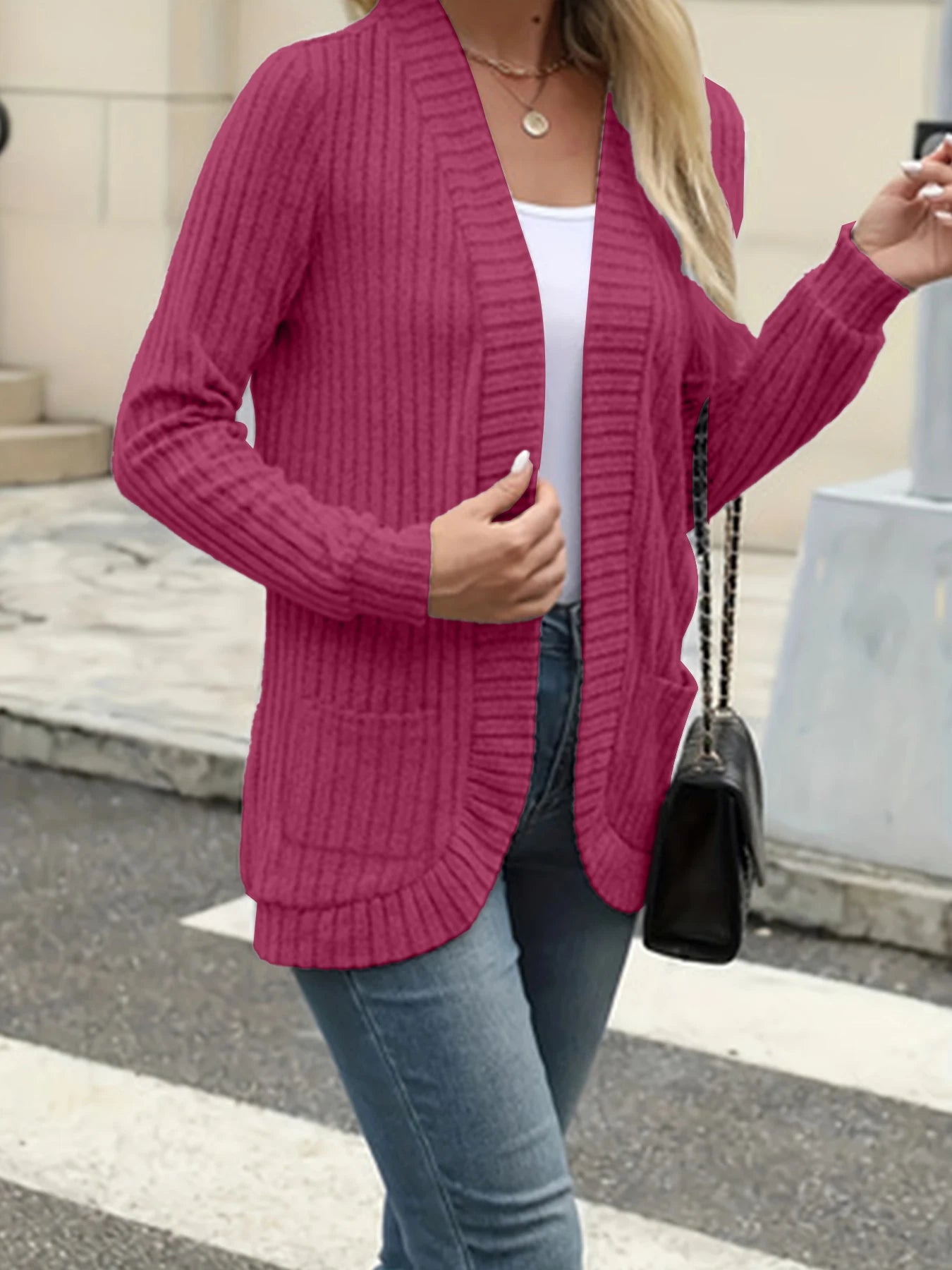 New fashion women's solid color casual pit stripe brushed cardigan jacket
