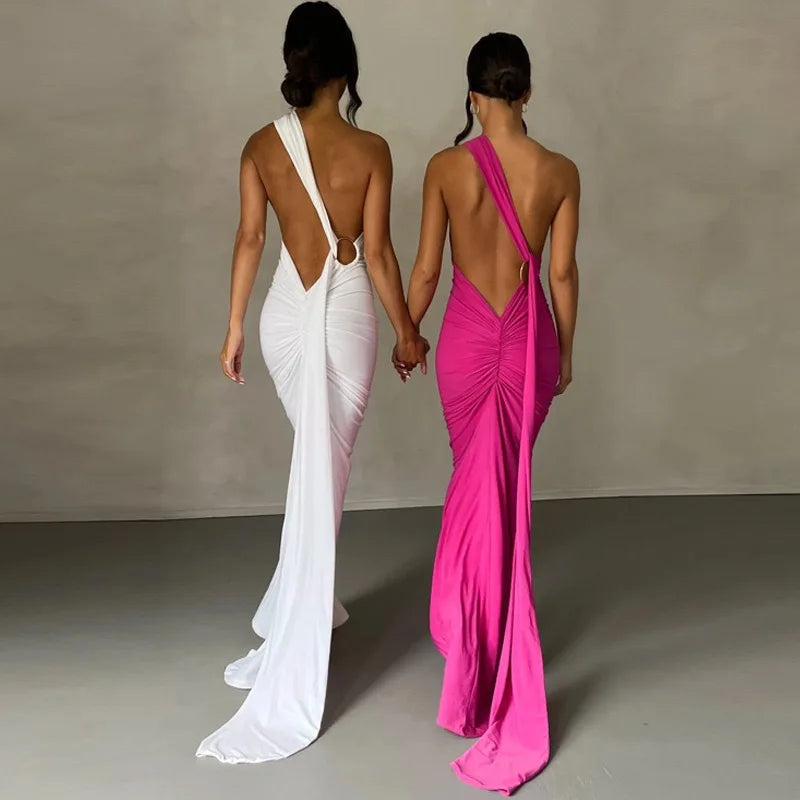 Women's One-Shoulder Sleeveless Maxi Dress Adjustable Scarf Loop Ruched Backless Bodycon Festival Party Outfit Elegant Long Gown