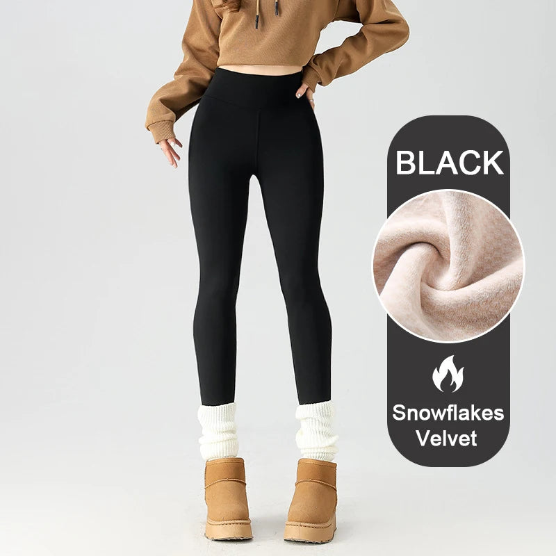 BIVIGAOS Snowflake Velvet Warm Sharkskin Leggings — Fleece-Lined High-Waist Winter Pants for Women