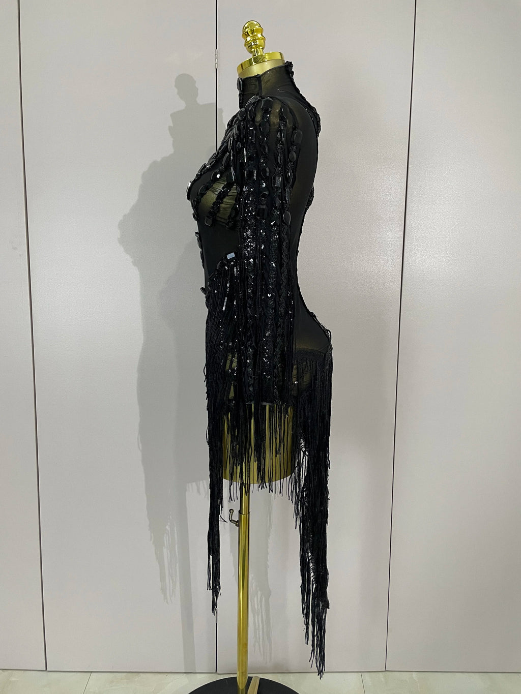 New Stage Costume Sparkly Rhinestones Tassel Sexy See-Through Dress Women One Shoulder Latin Dance Bars Nightclub Party Outfits