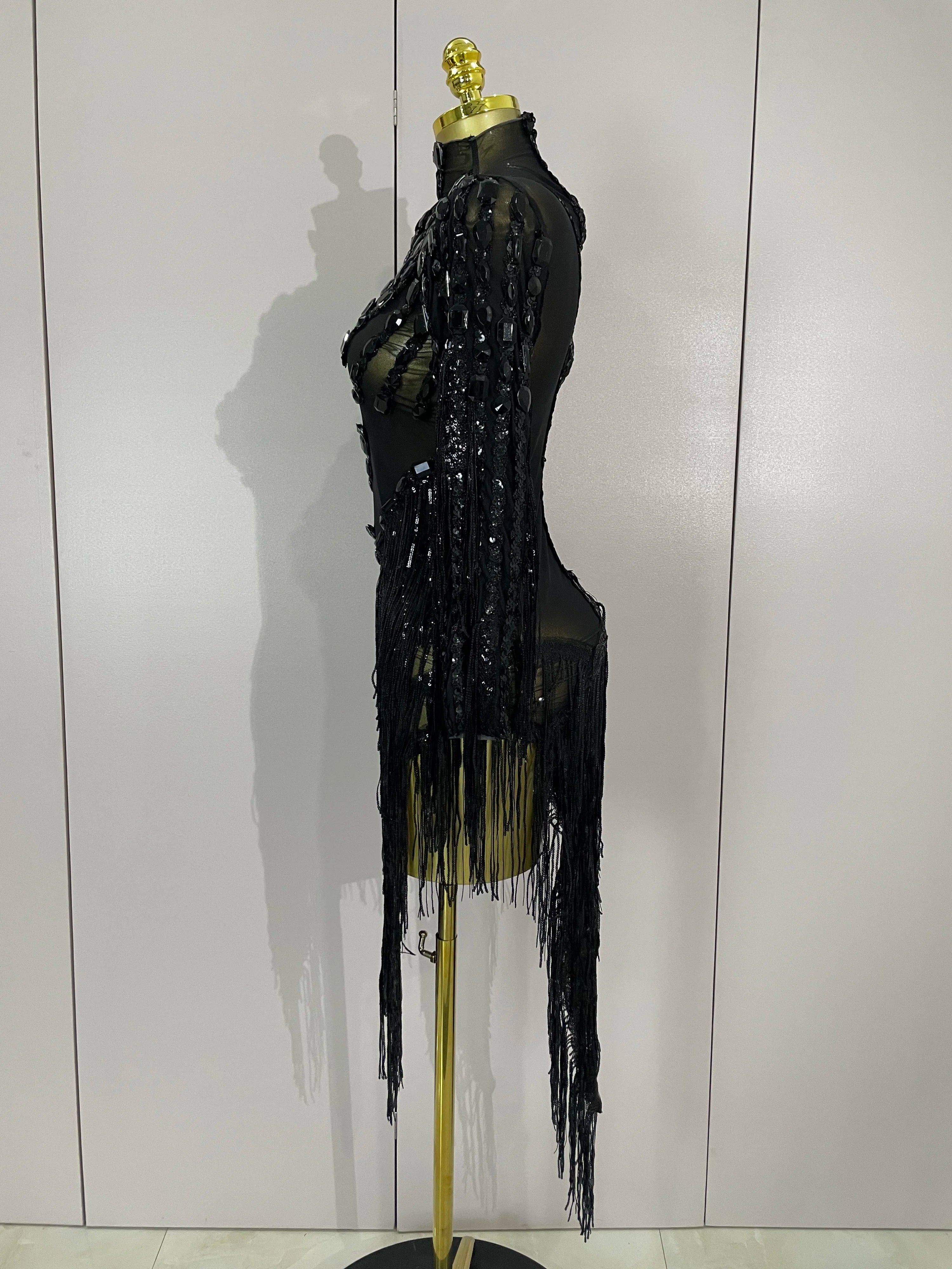 New Stage Costume Sparkly Rhinestones Tassel Sexy See-Through Dress Women One Shoulder Latin Dance Bars Nightclub Party Outfits