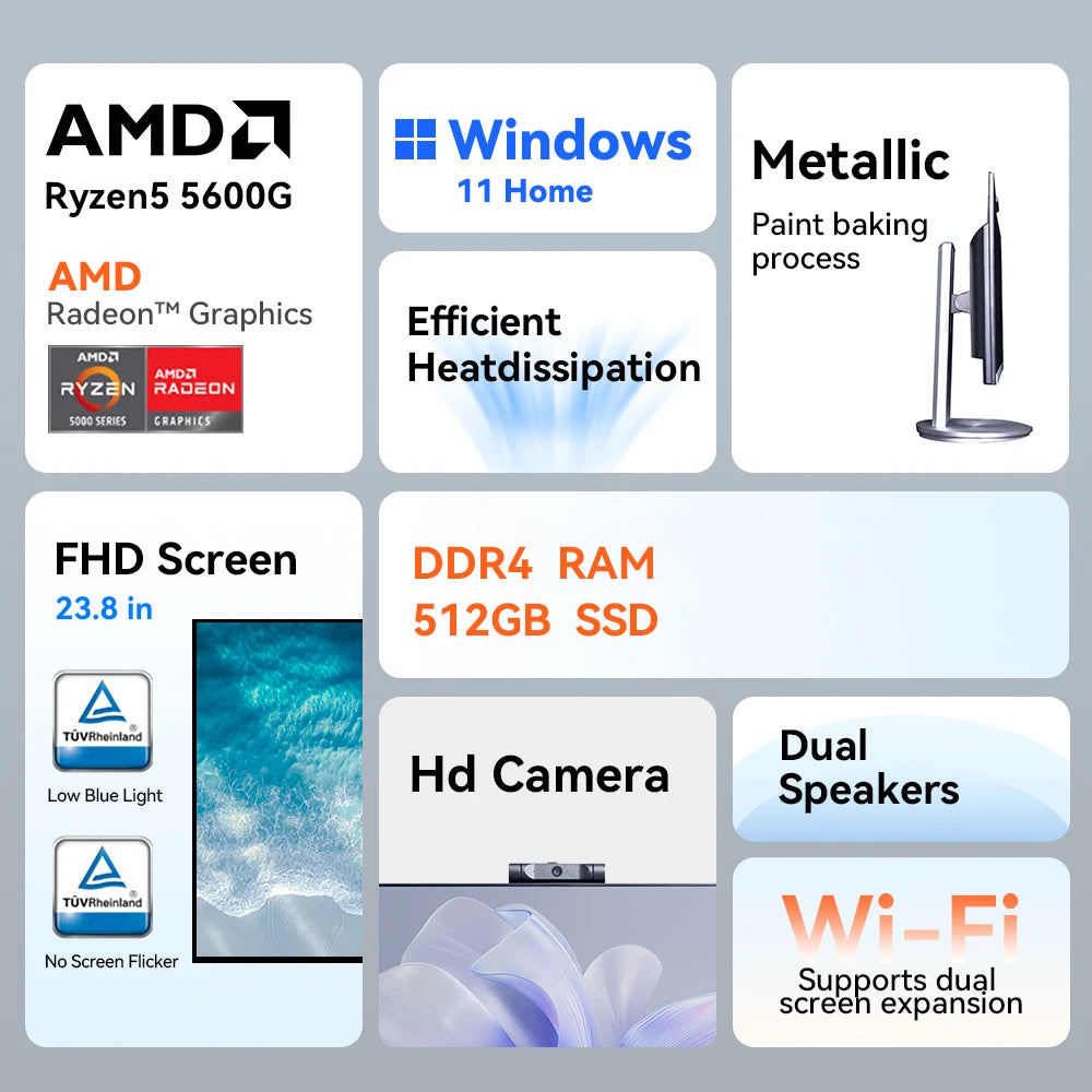 AOC 23.8″ All-in-One — Ryzen 5 5600G, 16GB RAM, 512GB SSD, Windows 11 Home, Wi-Fi, Adjustable Stand