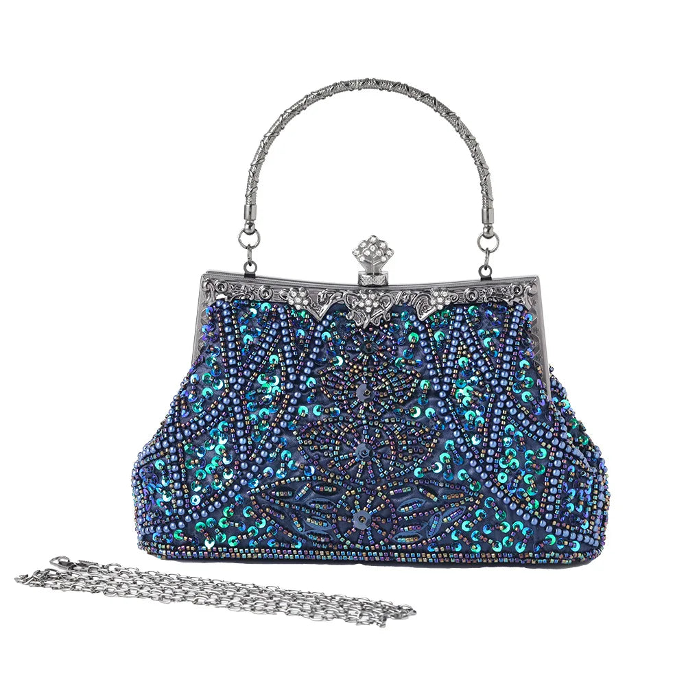 Lost in Vintage Clutch Handbag Beaded and Sequin Kiss-lock Closurer Shoulder Bag Crossbody Detachable ChainProm Evening Party
