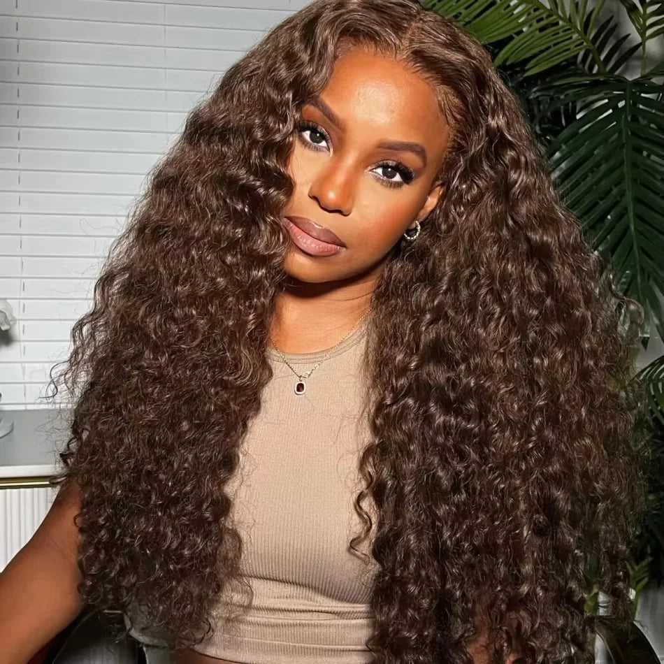 HJ WEAVE BEAUTY Deep Curly HD Lace Frontal Wig | Chocolate Brown Human Hair
