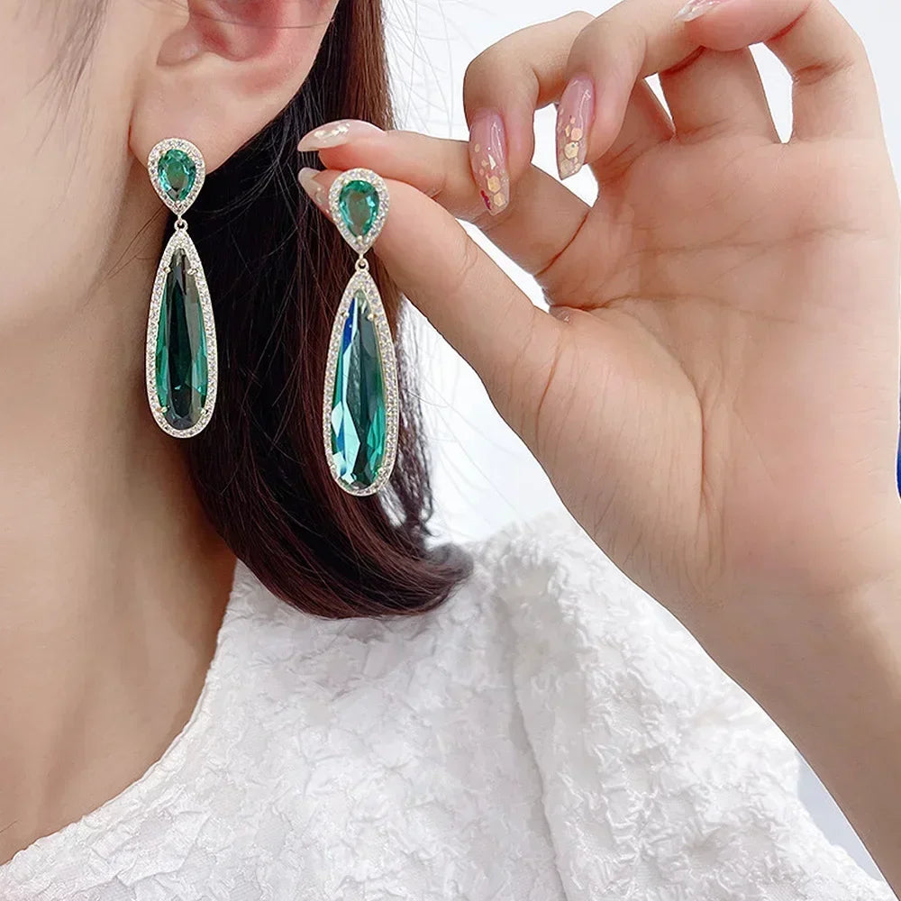 Green Crystal Drop Earrings | Elegant Zirconia Luxury Jewelry for Women