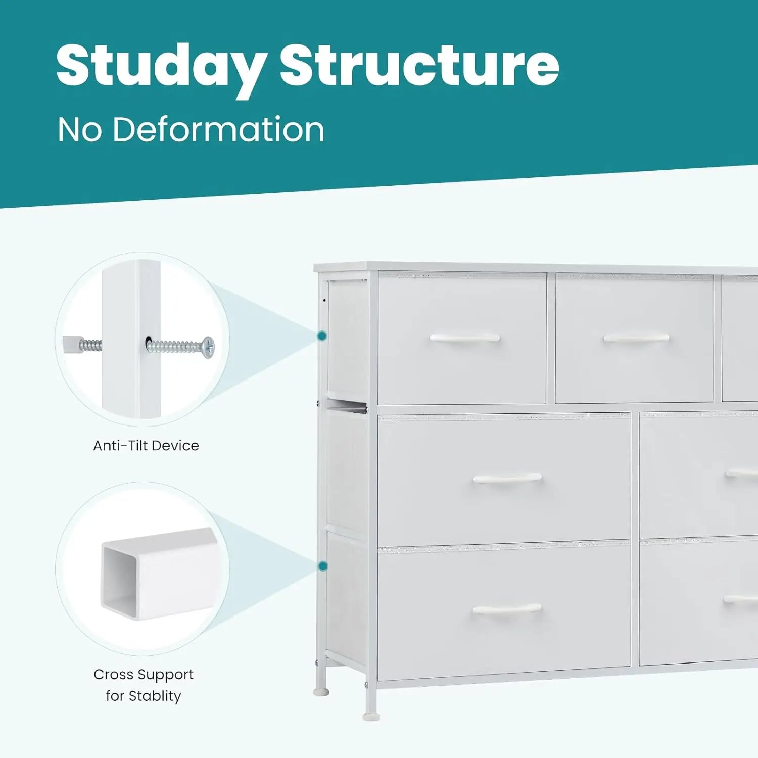 Dresser for Bedroom, 7 Storage Drawers, Wide Fabric Closet Chests Organizer Tower Furniture,TV Stand with Wooden Top Metal Frame
