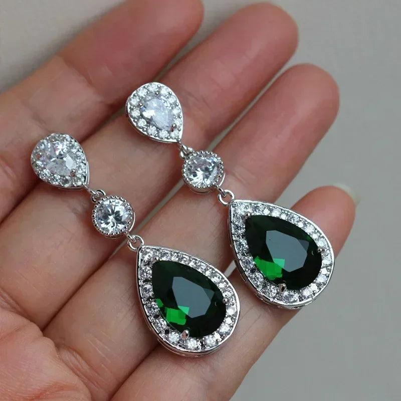 Green Crystal Drop Earrings | Elegant Zirconia Luxury Jewelry for Women