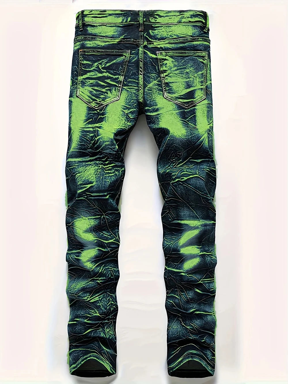 Men Hole Ripped Stretch Denim Jeans Streetwear Slim Tapered Pants Tie Dyed Trousers Men Green Jeans