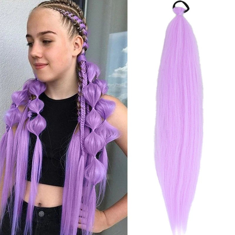 Synthetic Purple Hair Ponytail with Elastic Rubber Band Long Yaki Straight Ponytail for DIY Braiding for Christmas Halloween Use