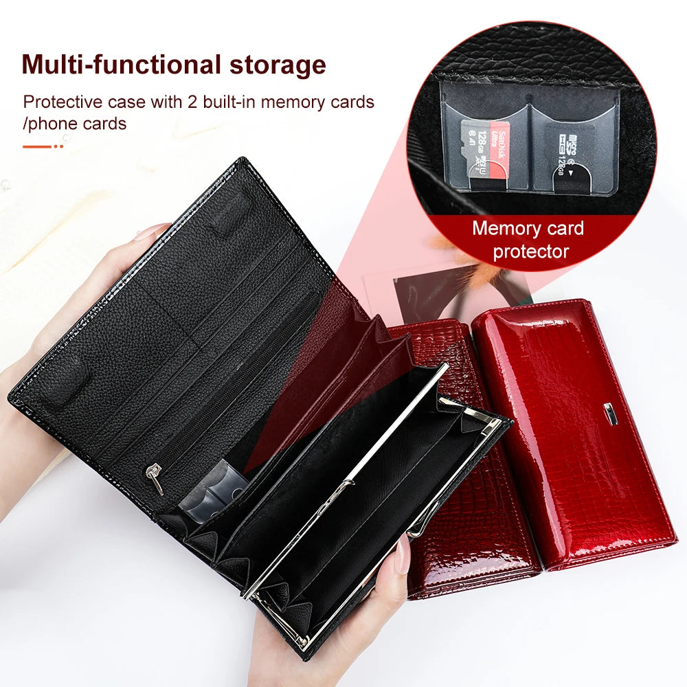 Women's Genuine Leather Wallet - Vintage Crocodile Pattern with Top Handle Buckle Closure, Flap Design, Birthday Gift