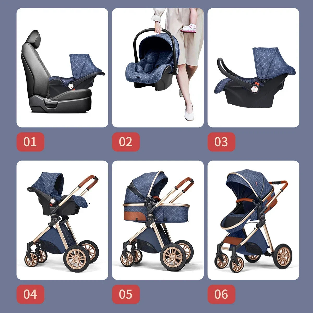 Luxury Baby Stroller 3 in 1 High Landscape Baby Cart Can Sit Can Lie Portable Pushchair Baby Cradel Infant Carrier