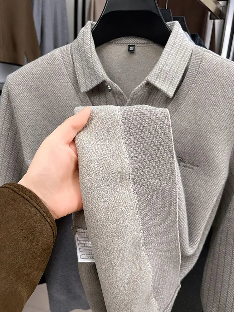 Men's Plush Sweater Autumn Winter Fashion Button Lapel Striped Pullovers Business Casual Fleece Lined Knitted Thickened Sweaters
