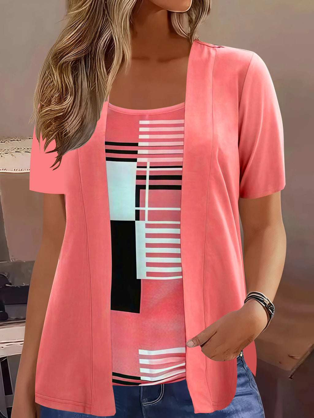 Elegant Geometric Print Mock Two-Piece T-Shirt | Plus Size Womens Summer Casual Top | Fashion Patchwork Design