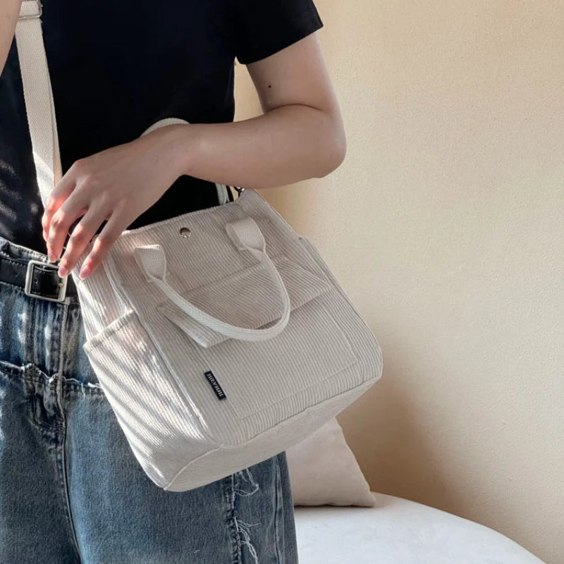 Hand Washable Corduroy Tote Bag with Multiple Pockets, Everyday Crossbody or Shoulder Bag, Solid Color Satchel for Daily Use