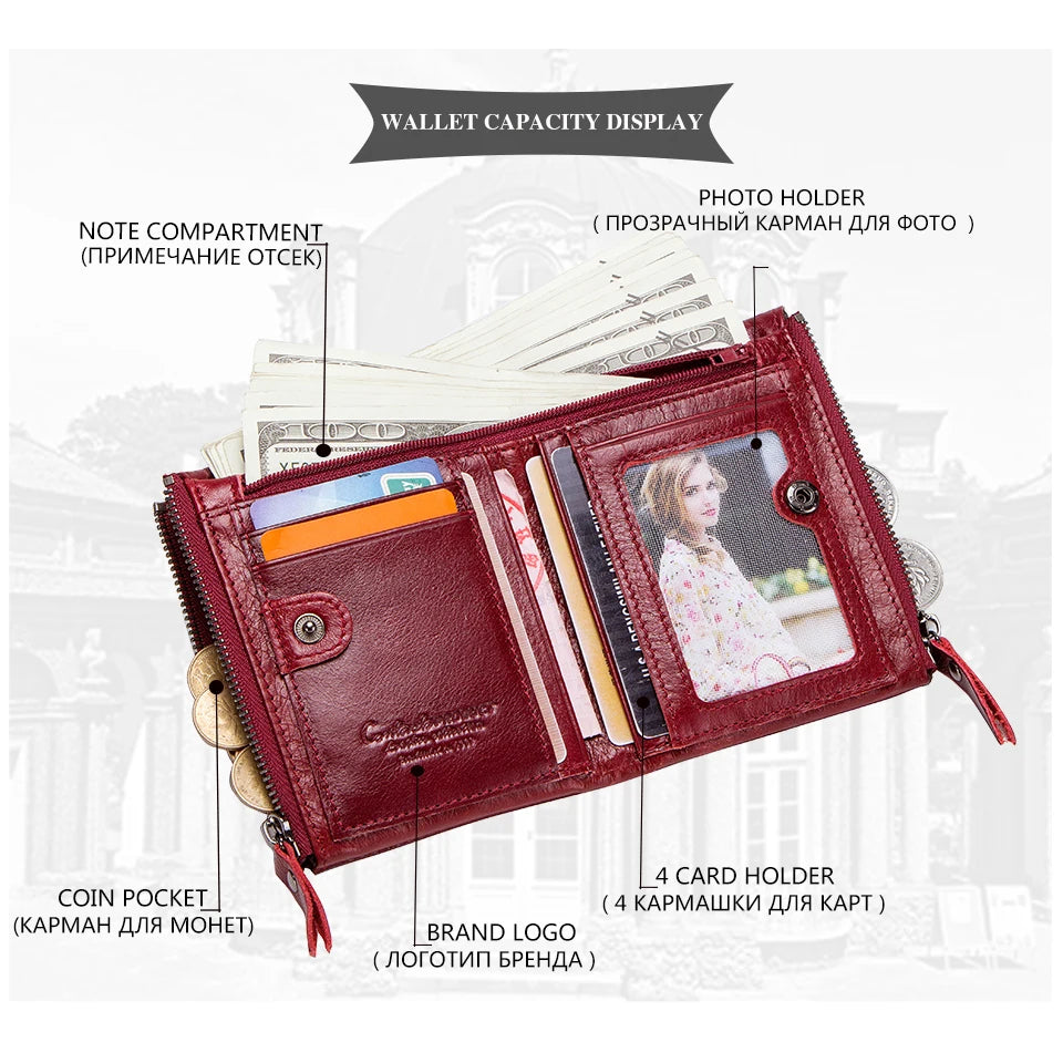 CONTACT'S Fashion Genuine Leather Women Wallet Bifold Card Holder Coin Purse Small Women's Purse Money Clip Men Pocket Wallets