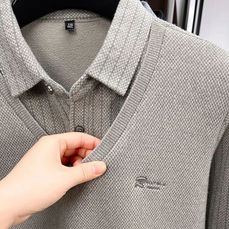 Men's Plush Sweater Autumn Winter Fashion Button Lapel Striped Pullovers Business Casual Fleece Lined Knitted Thickened Sweaters