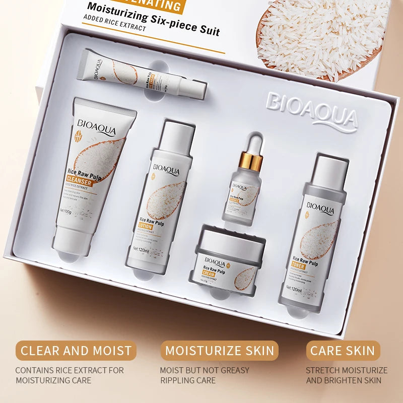 BIOAOUA Rice Puree Rejuvenating and Moisturizing six-piece Set Whitening Firming Anti-aging Beauty Facial Skincare Set