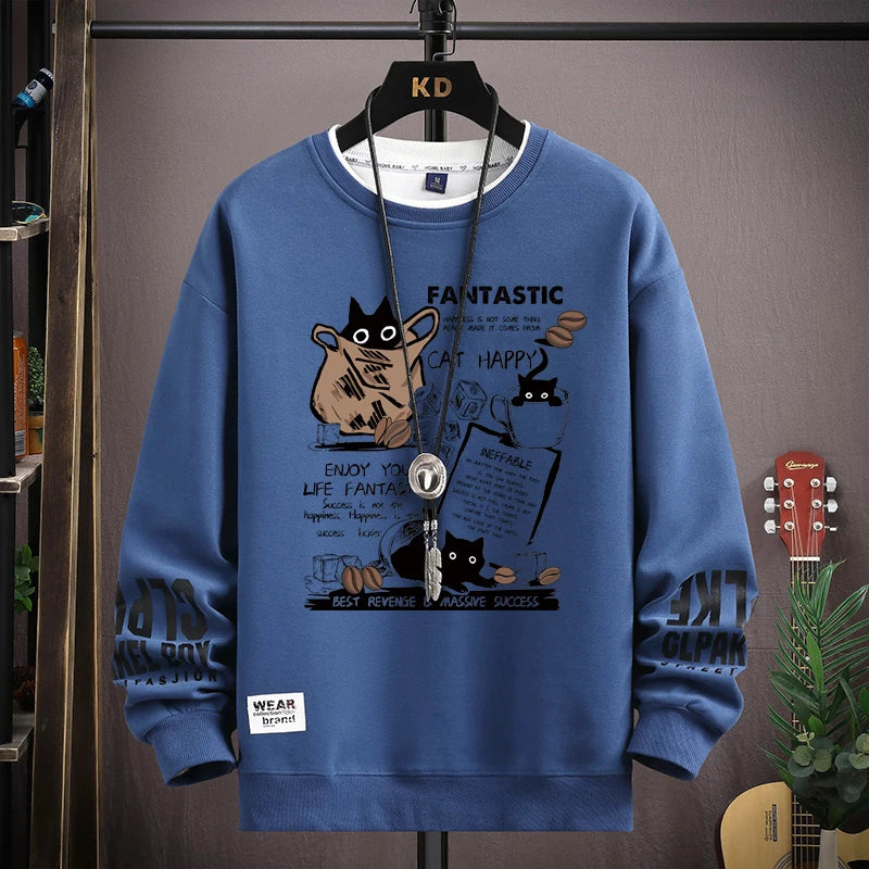 Men Women T Shirt Pullover Oversized Korean Version Long Sleeve Top Cartoon Cat Graphics T-Shirt Harajuku Casual Men's Clothing