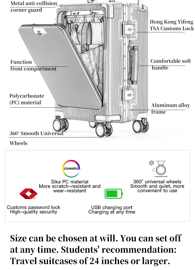 SUSHIMU Wide Trolley Luggage Front Opening Multi-Functional Women 20-Inch Small Lightweight Boarding Box 24-Inch Men's Suitcase