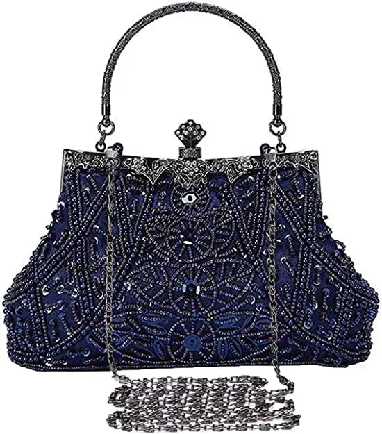 Lost in Vintage Clutch Handbag Beaded and Sequin Kiss-lock Closurer Shoulder Bag Crossbody Detachable ChainProm Evening Party