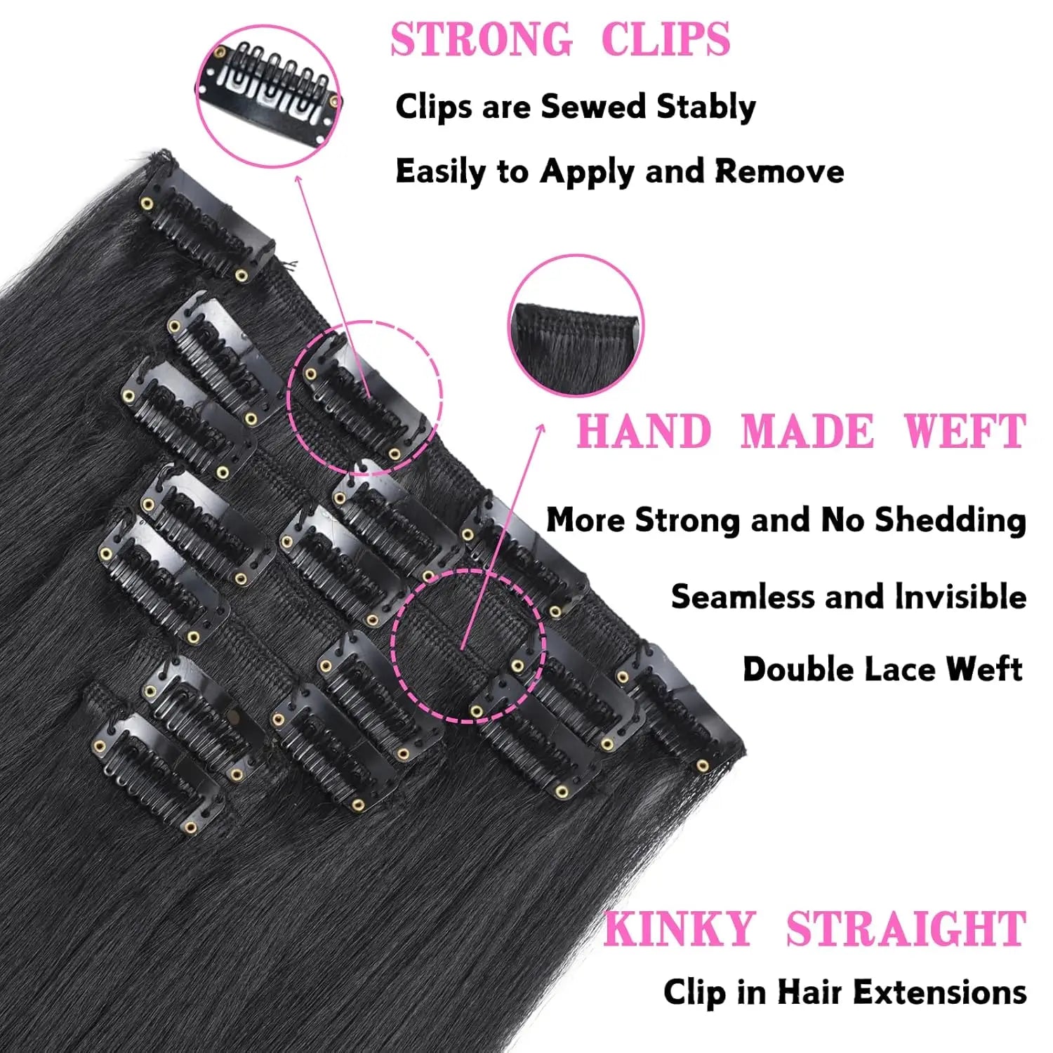 Kinky Straight Clip ins Hair Extensions Natural Black Full Head Yaki Straight Seamless Clip in Synthetic Hair Pieces for Women